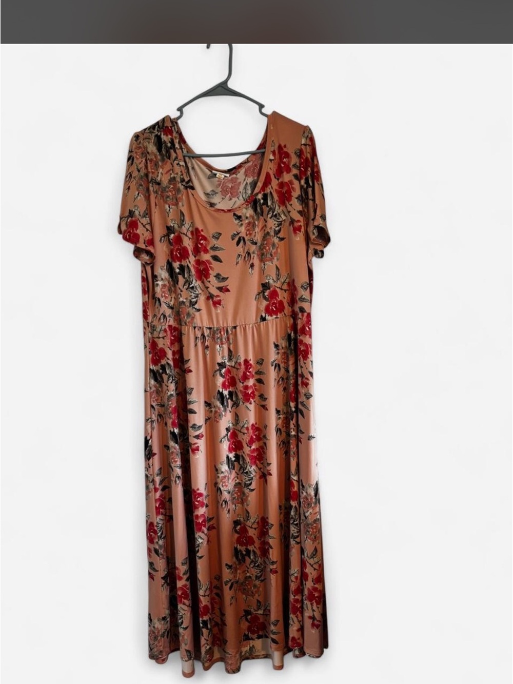 LuLaRoe Camel Maxi Dress with Red Floral Print